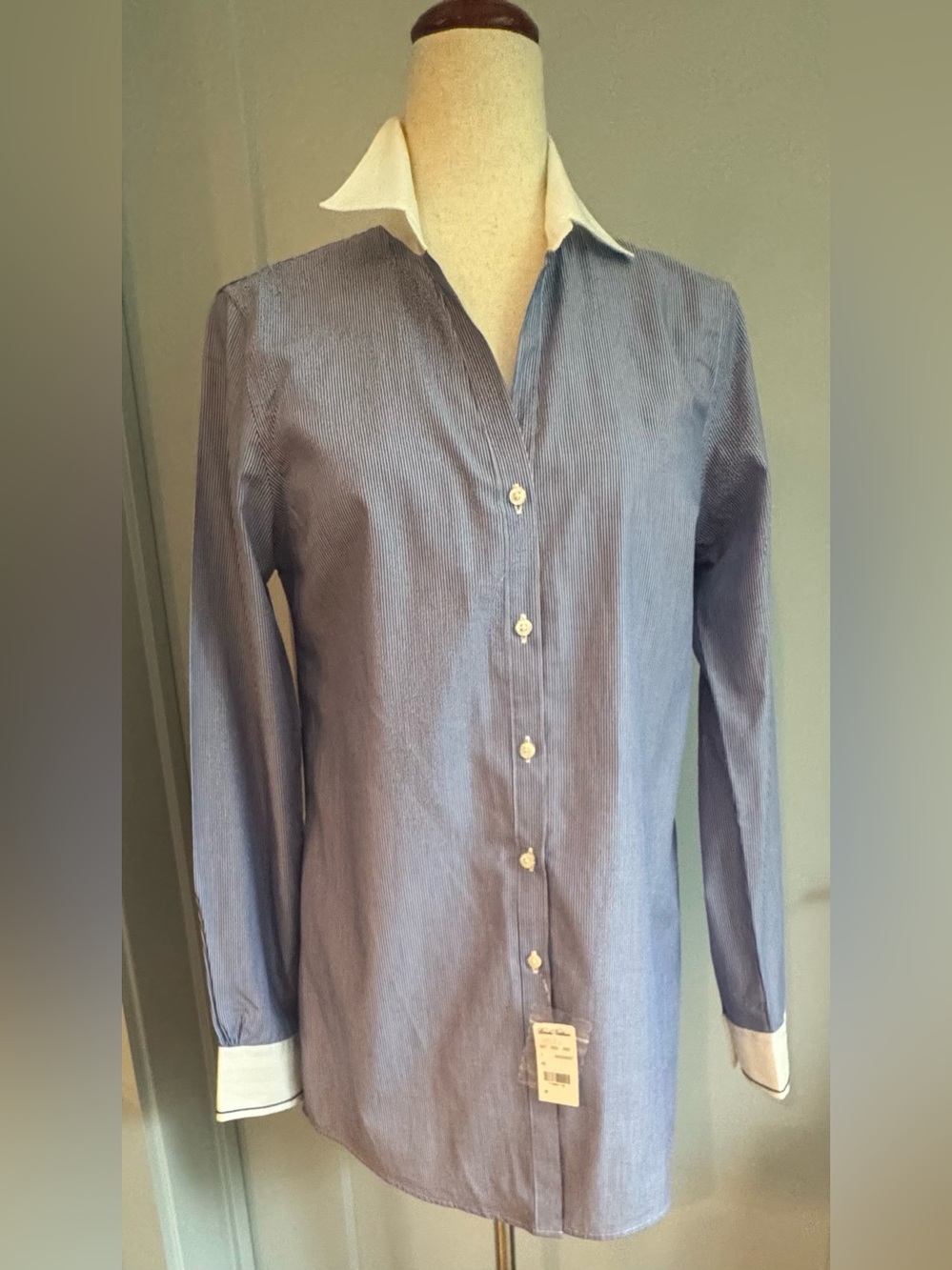 Brooks Brothers Cotton Blue Pinstripe Button-Down Shirt w/ White Contrast Collar - Picture 8 of 8